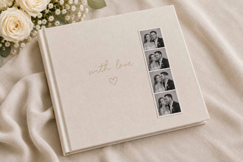 Photo booth strip displayed in a cream wedding guest book