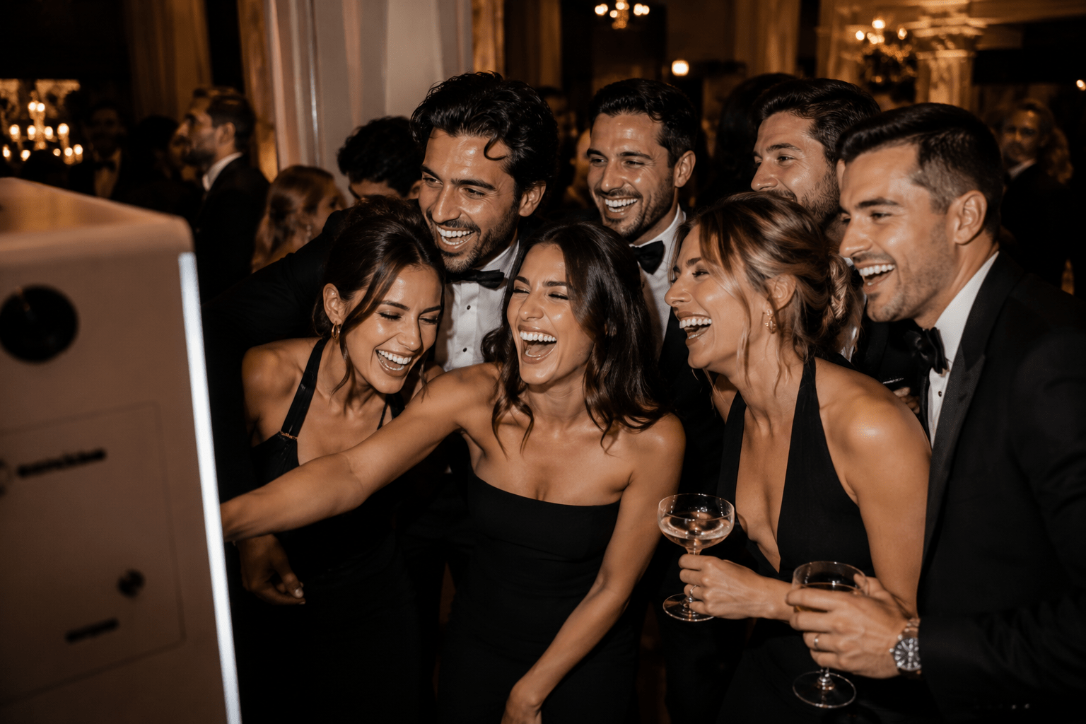 Friends in evening wear laughing together beside the photo booth