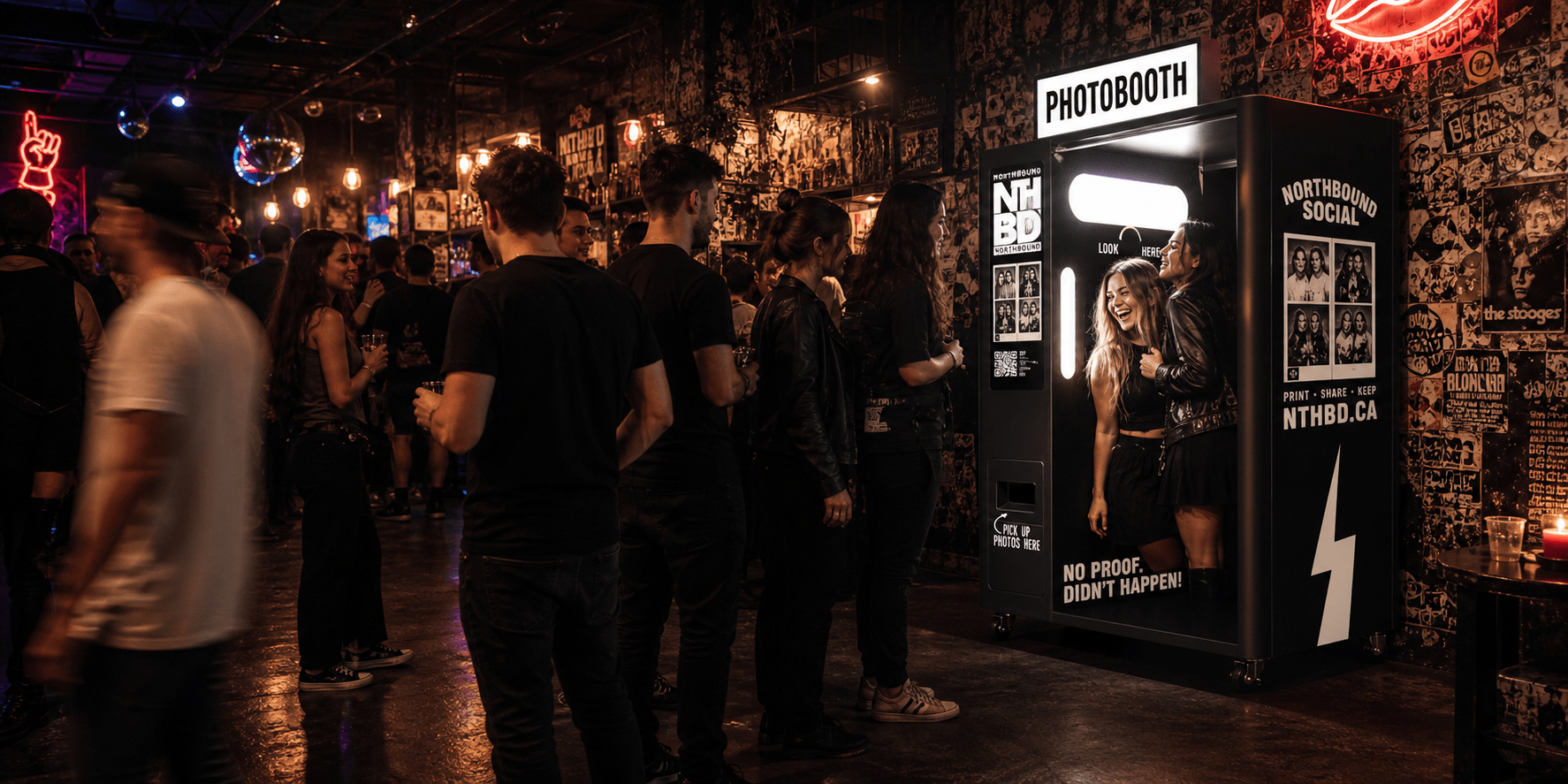Guests queueing for the black Northbound Social photo booth in a busy bar