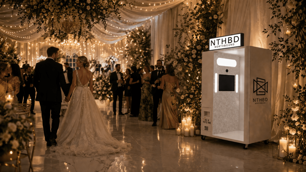Bride and groom walking past the NTHBD photo booth at a candlelit reception