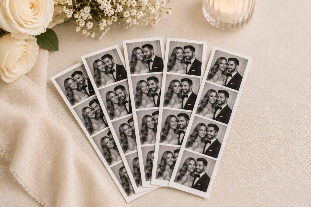 Fan of black-and-white photo booth strips on cream linen with white roses