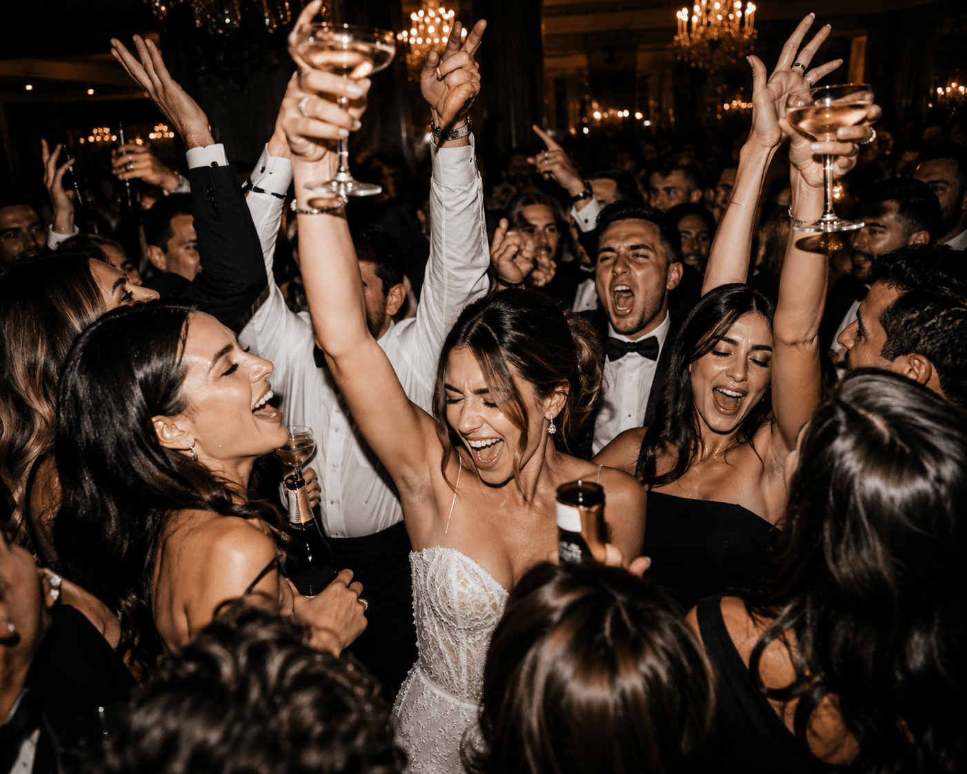 Wedding guests dancing and celebrating on a crowded dance floor