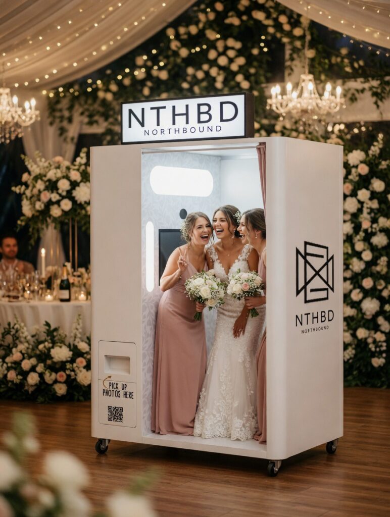 Bride and bridesmaids laughing inside the NTHBD photo booth