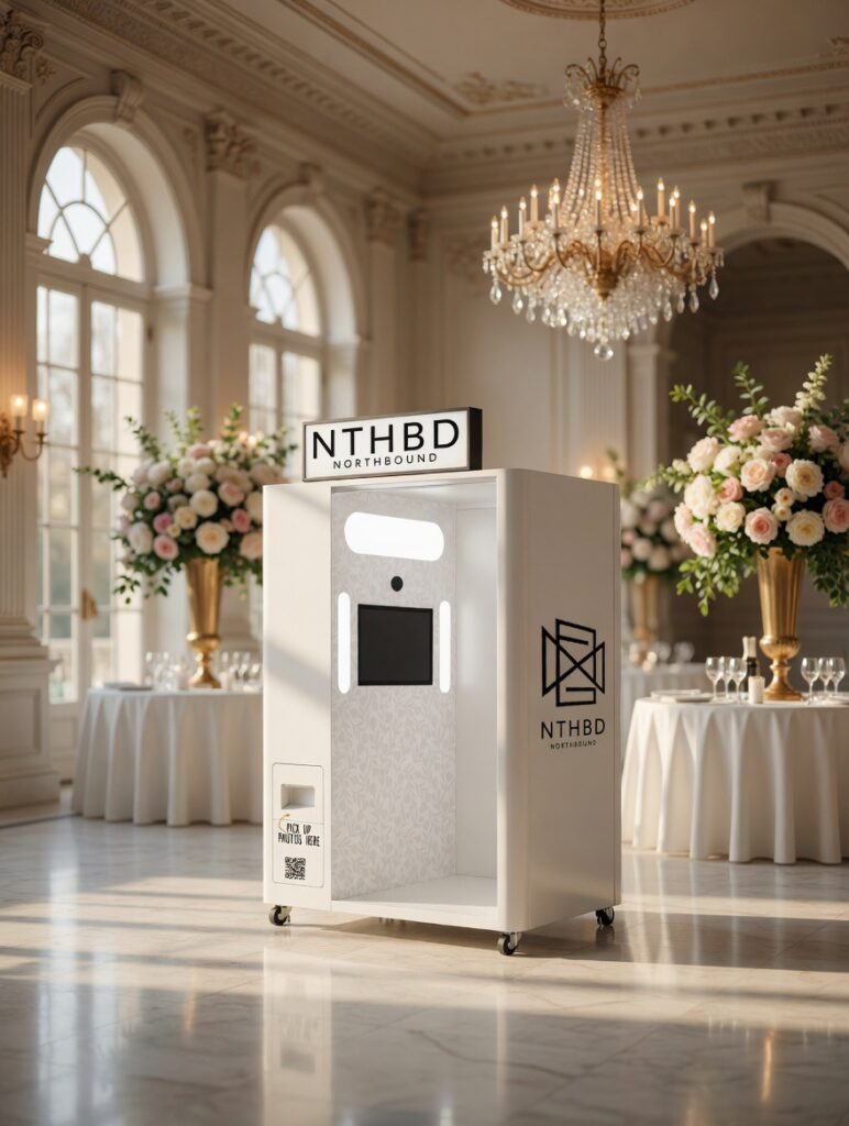 White NTHBD photo booth in a chandelier-lit ballroom with floral arrangements