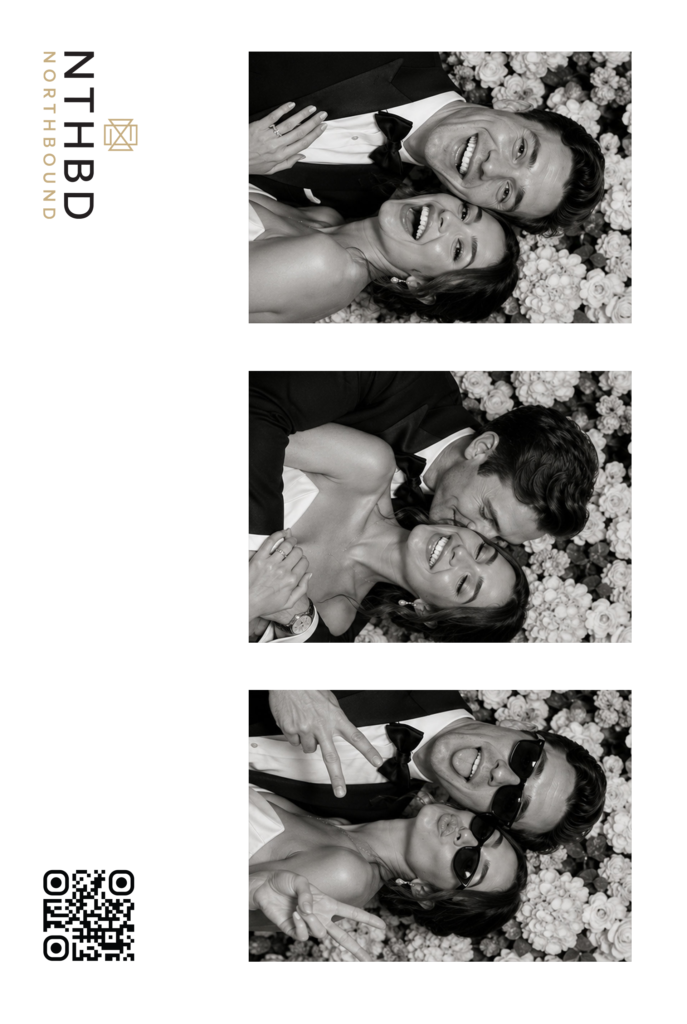 Three-photo NTHBD strip of a wedding couple against a floral wall
