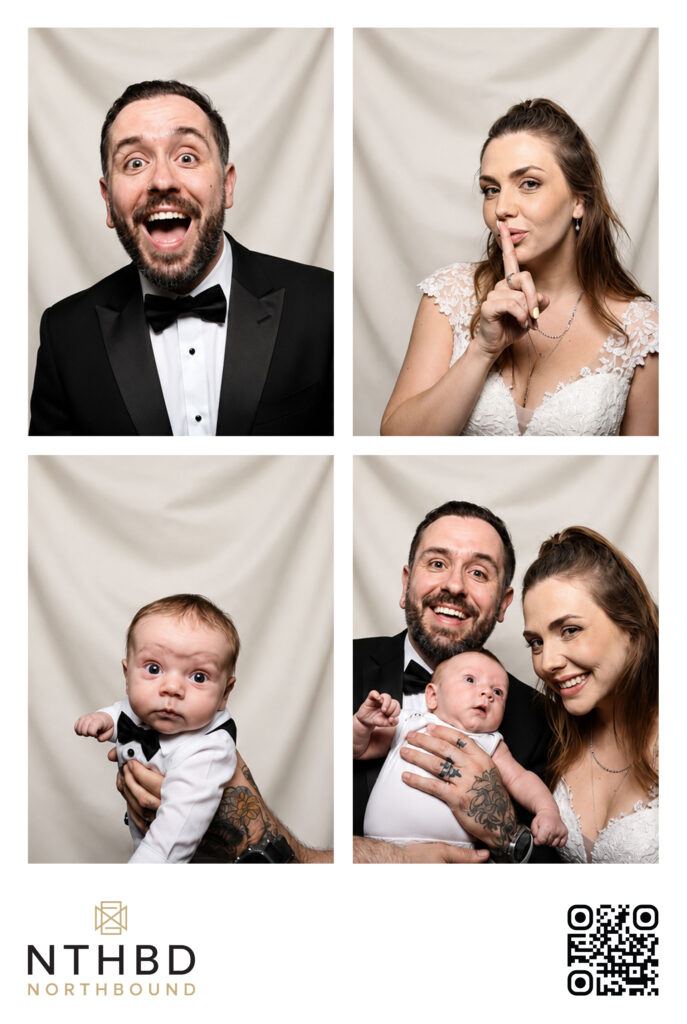 NTHBD four-photo print of a couple and their baby on a cream backdrop