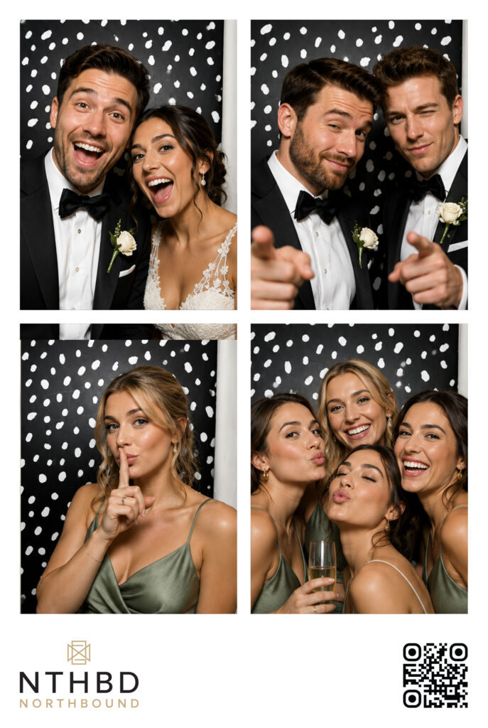 NTHBD four-photo print of a bride, groom and bridal party on a spotted backdrop