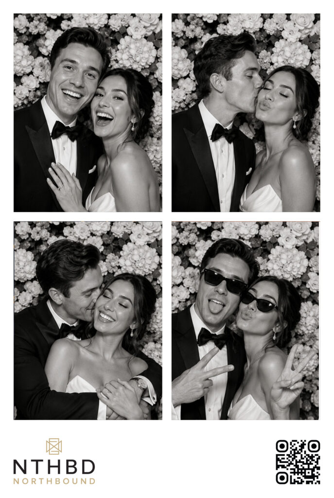 Black-and-white NTHBD four-photo wedding print against a floral wall