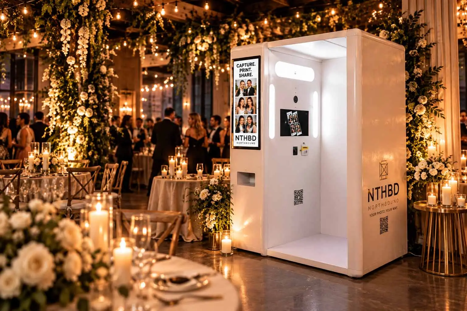 White NTHBD photo booth set among candles and white florals at a wedding reception