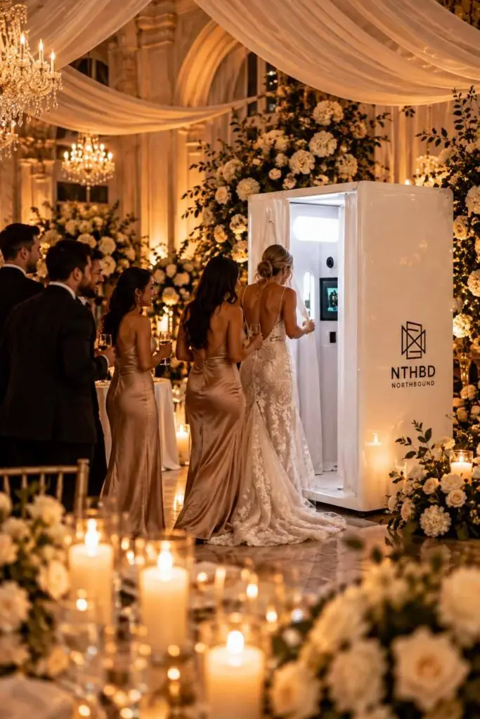 Bride and bridesmaids in gold gowns stepping into the NTHBD photo booth