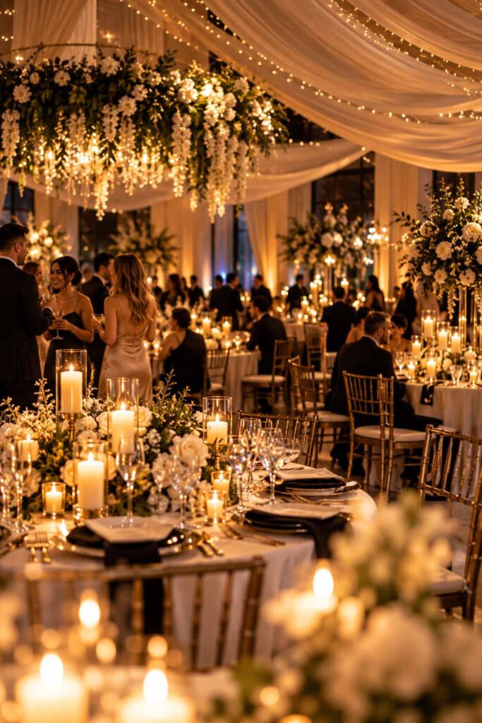 Candlelit wedding reception tables beneath draped ceilings and hanging florals