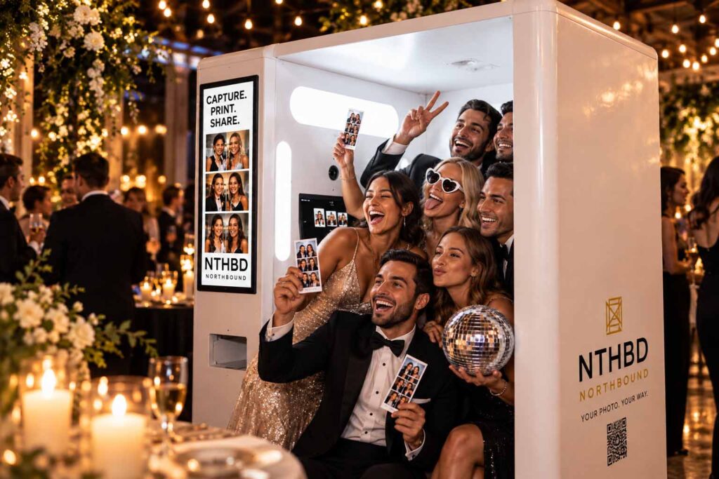 Guests in black tie posing with photo strips and props at the NTHBD booth