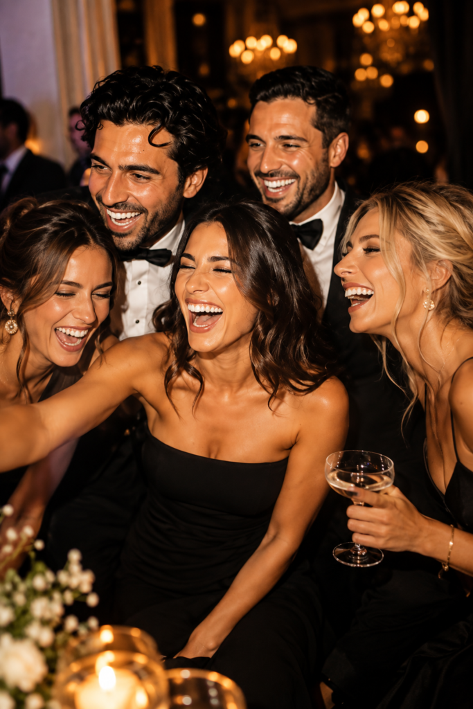 Friends in evening wear laughing together at a celebration