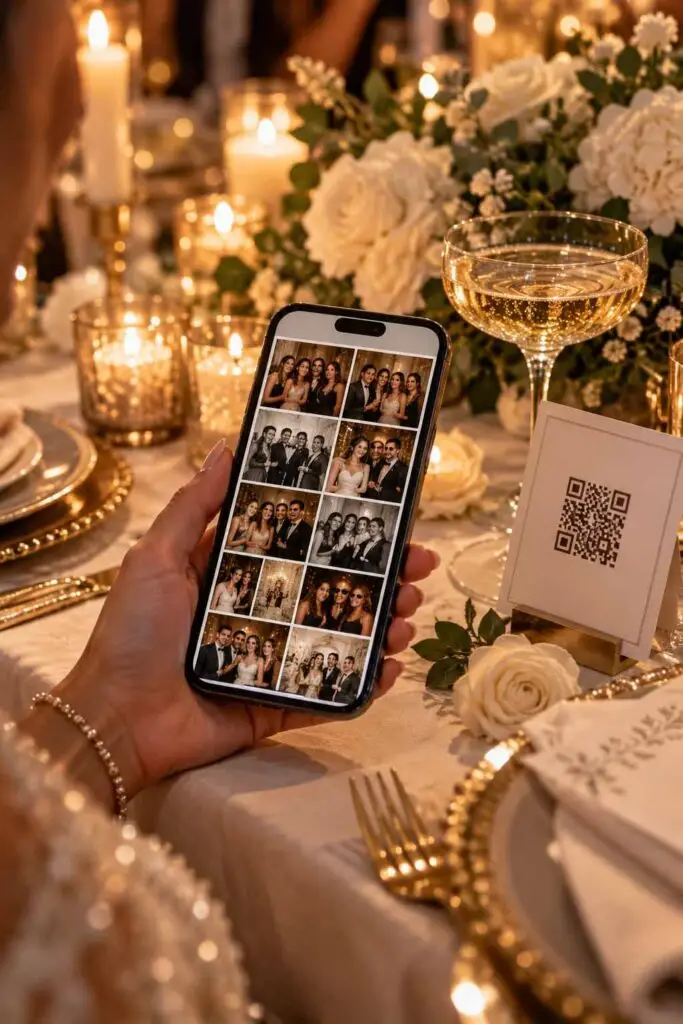 Guest viewing a photo booth strip on their phone beside a QR code table card