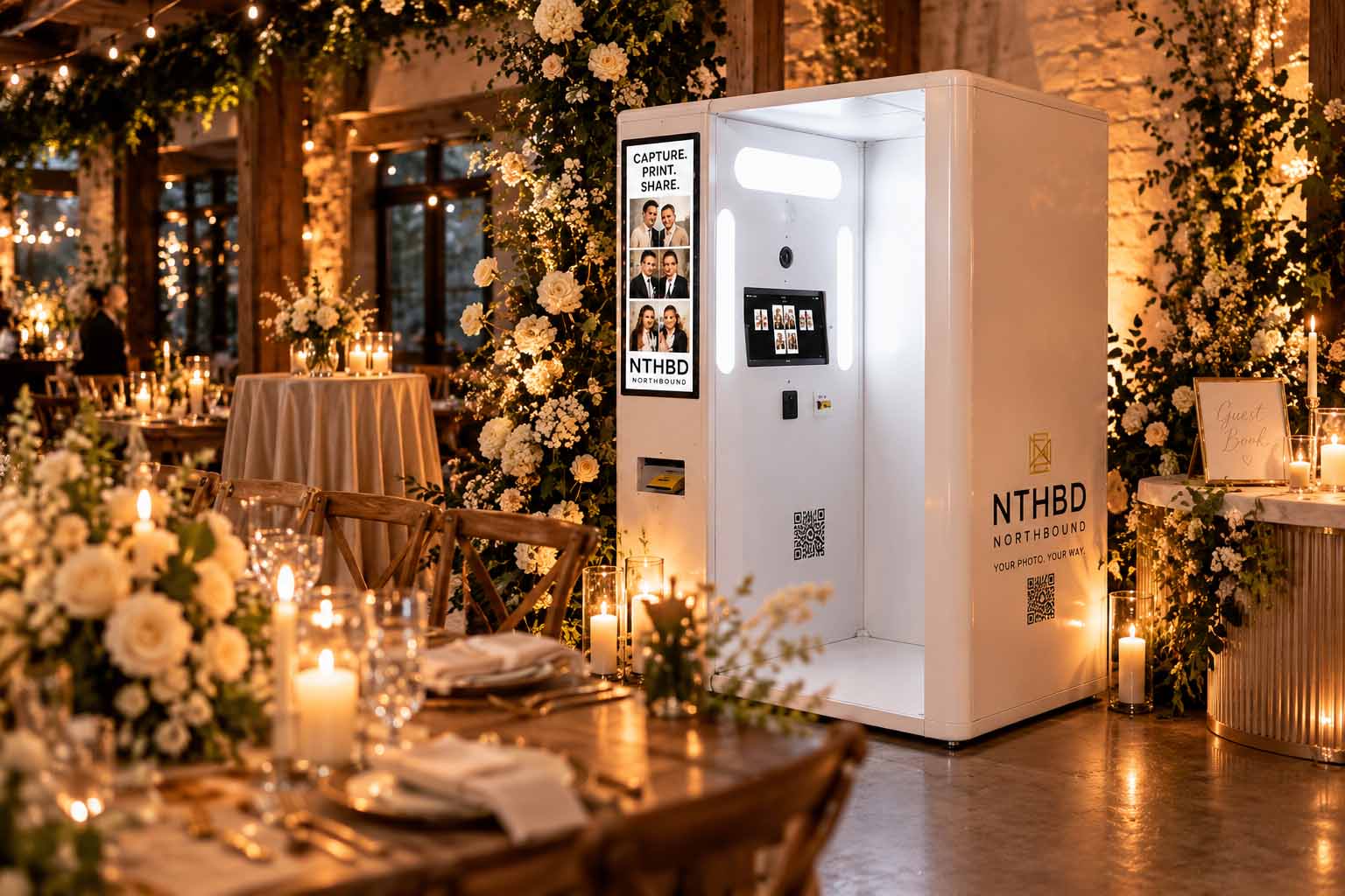 NTHBD photo booth beside candlelit dining tables in a rustic wedding venue