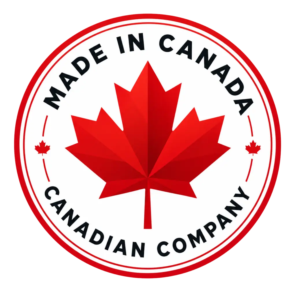Made in Canada, Canadian company badge with a red maple leaf
